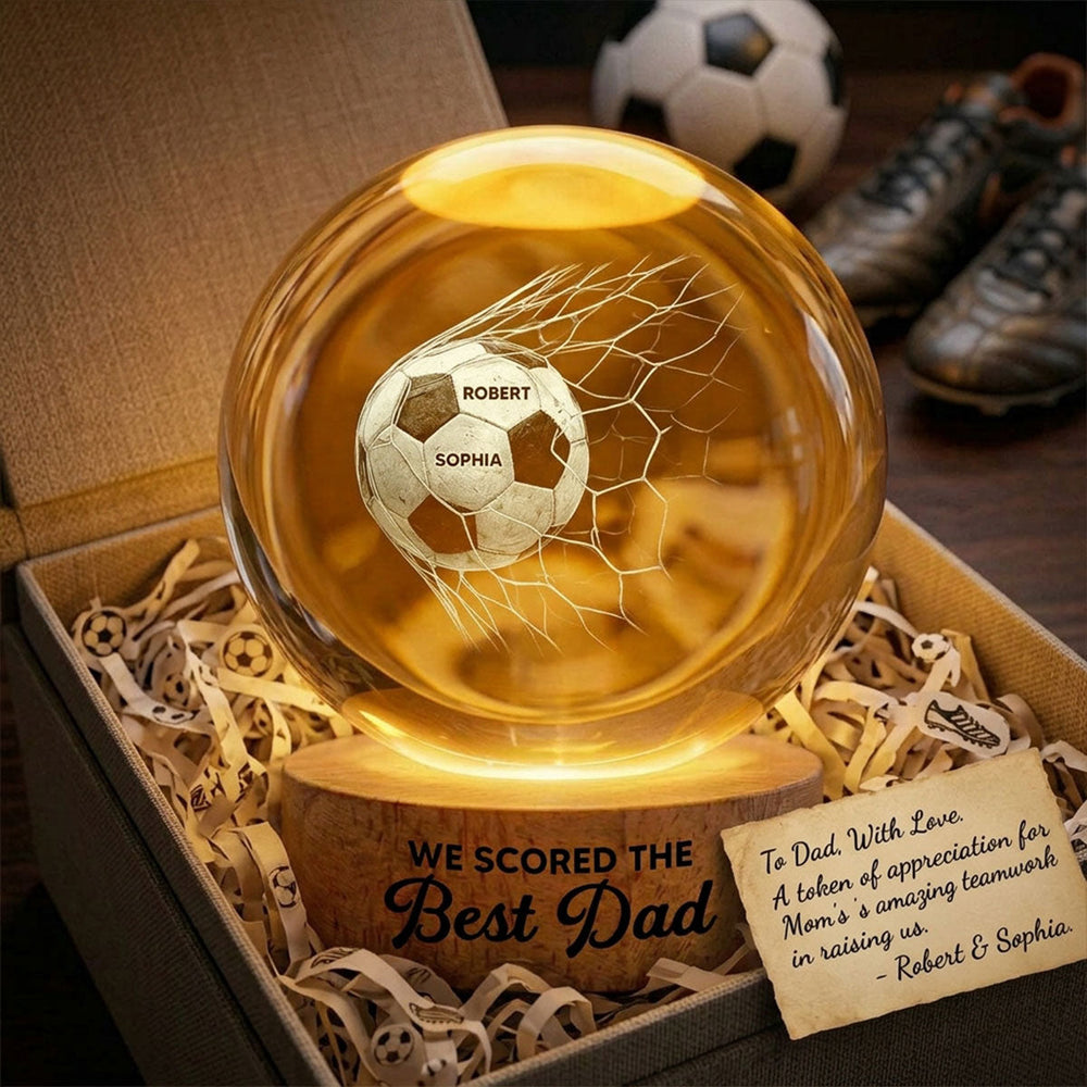 Voetbal papa kristallen lamp: LED nachtlicht met persoonlijke gravure, ideaal als geschenk voor hem.
