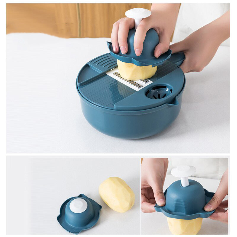Efficiënte hakker snijdt uien en paprika's perfect in blokjes; ideale keukenhulp voor snelle maaltijdvoorbereiding.