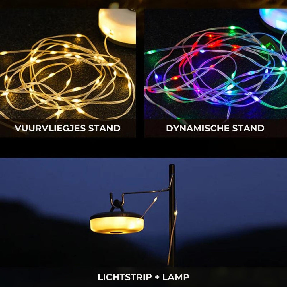Verschillende lichtmodi van de oplaadbare campinglamp en lichtsnoer