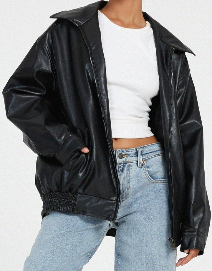 Bruine oversized damesjas van PU leer, perfect als casual zomerjas of chique tussenjas.