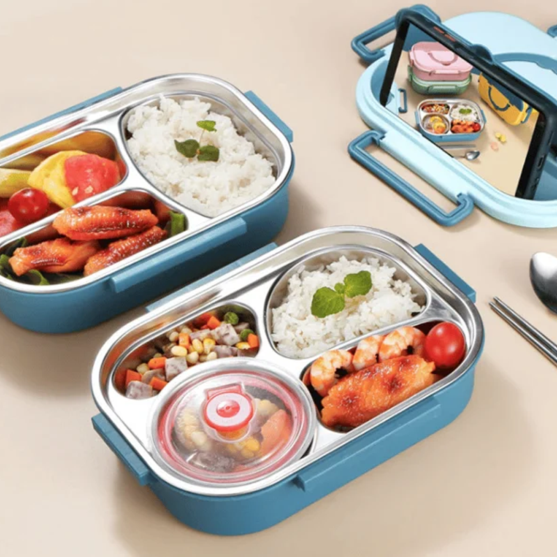 Stijlvolle thermische lunchbox, roestvrij staal, perfect voor een gezonde warme maaltijd.