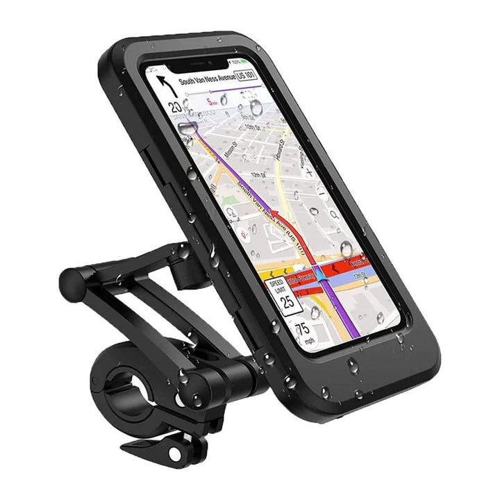 Telefoonhouder met navigatiekaart en regendruppels op het scherm