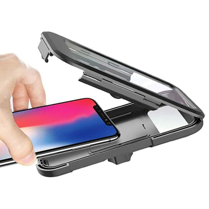 Detailopname van de waterdichte ritssluiting op fiets telefoonhouder