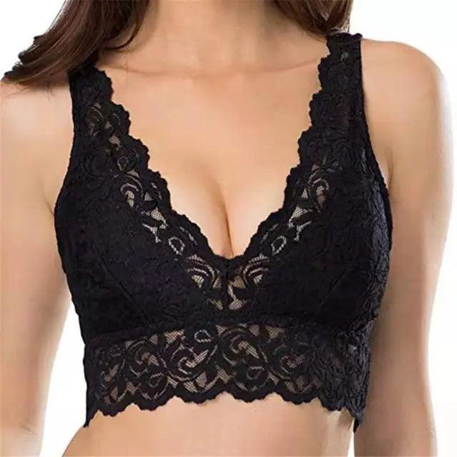 Detailopname van de zwarte kanten bralette voor dames
