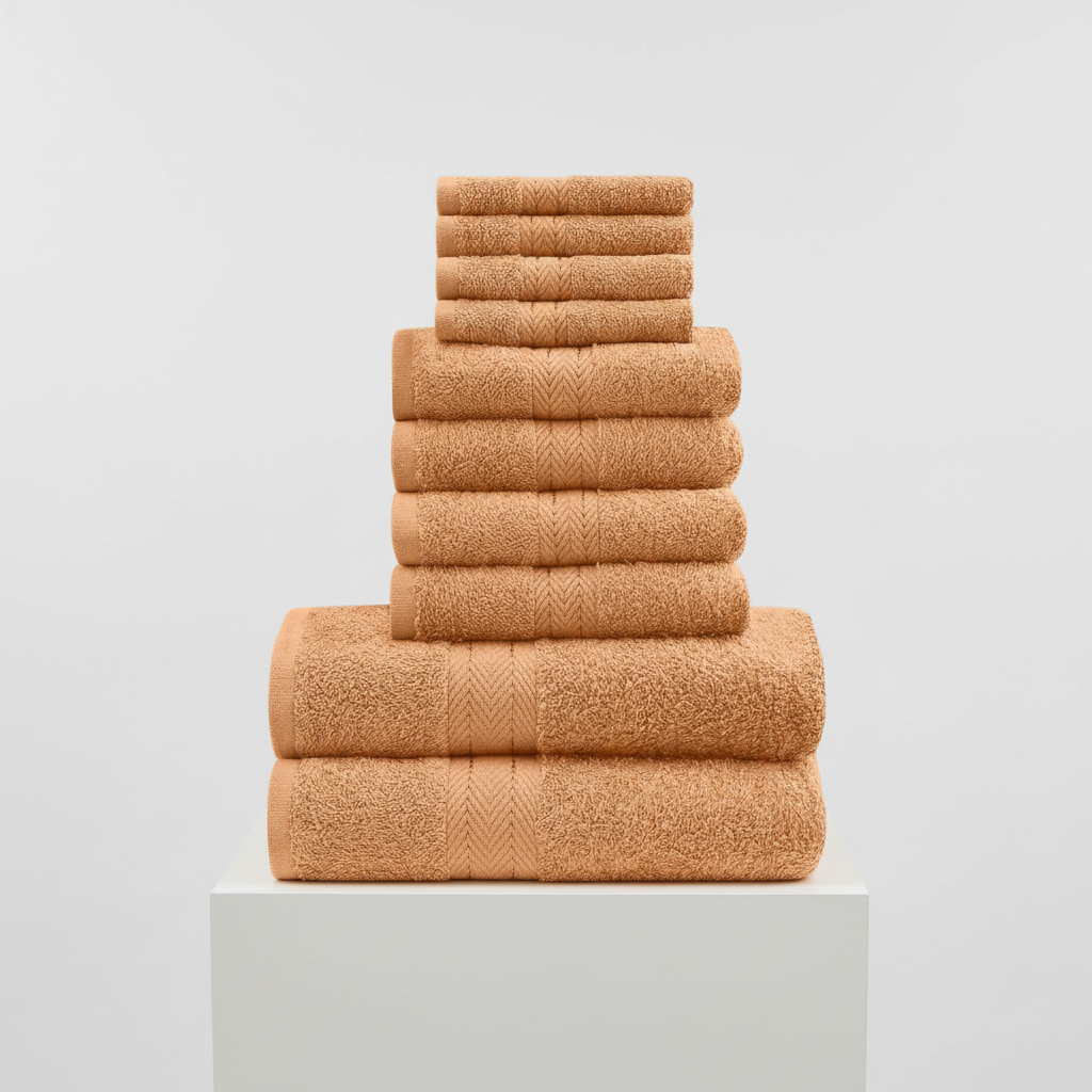 Een opgerolde badhanddoek uit de 10-delige set, klaar voor ontspanning na het douchen. Luxe comfort.