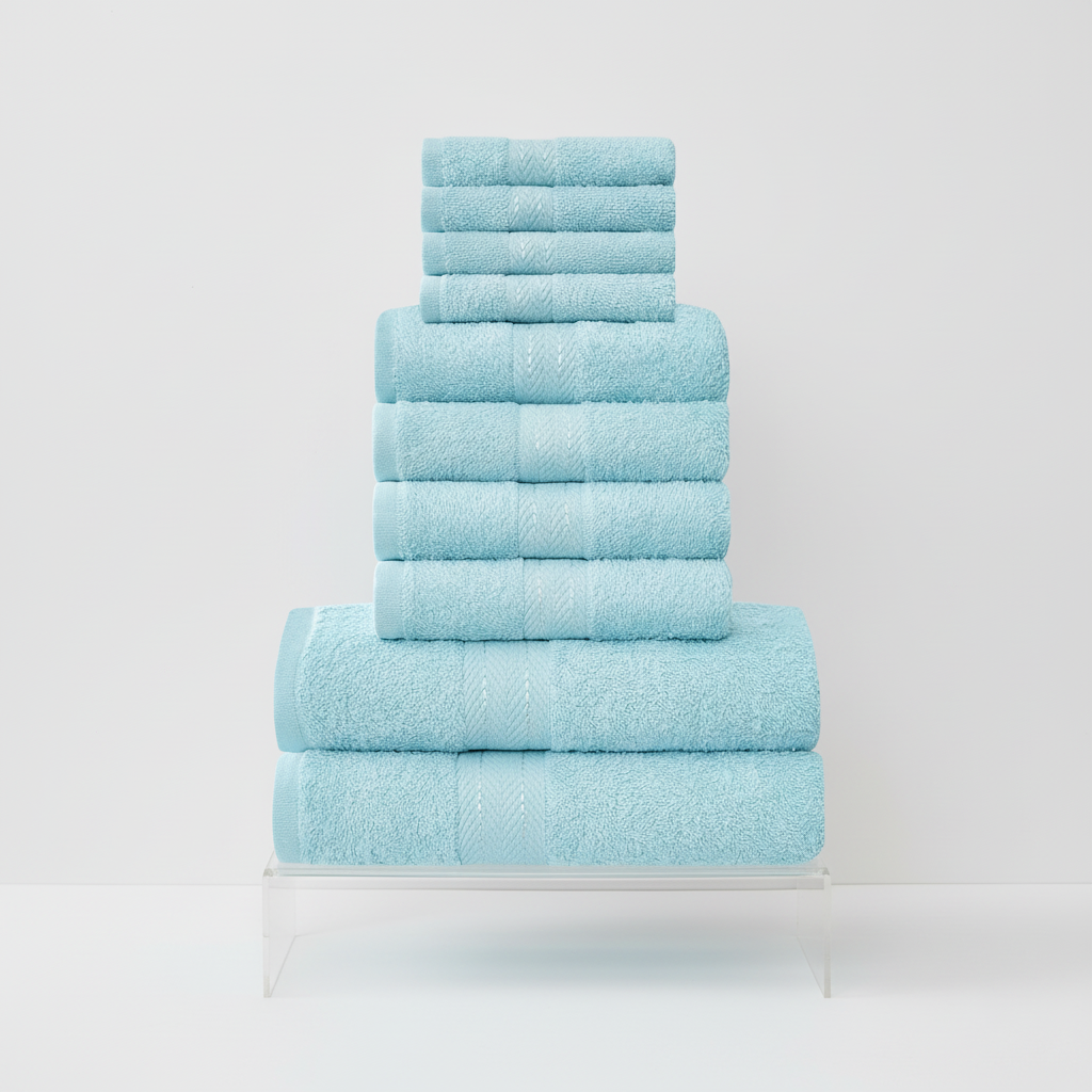 Stapel van diverse handdoeken (gastendoek, baddoek) uit een 10-delige katoenen set, voor comfort.