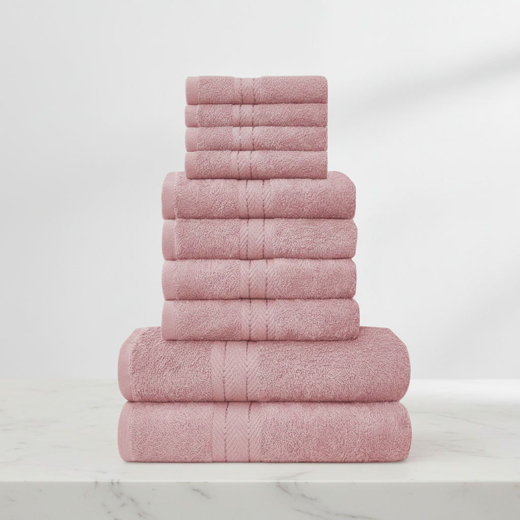 Elegante badkamer met opgerolde handdoeken uit de 10-delige set, voor luxe en comfort. Badtextiel.