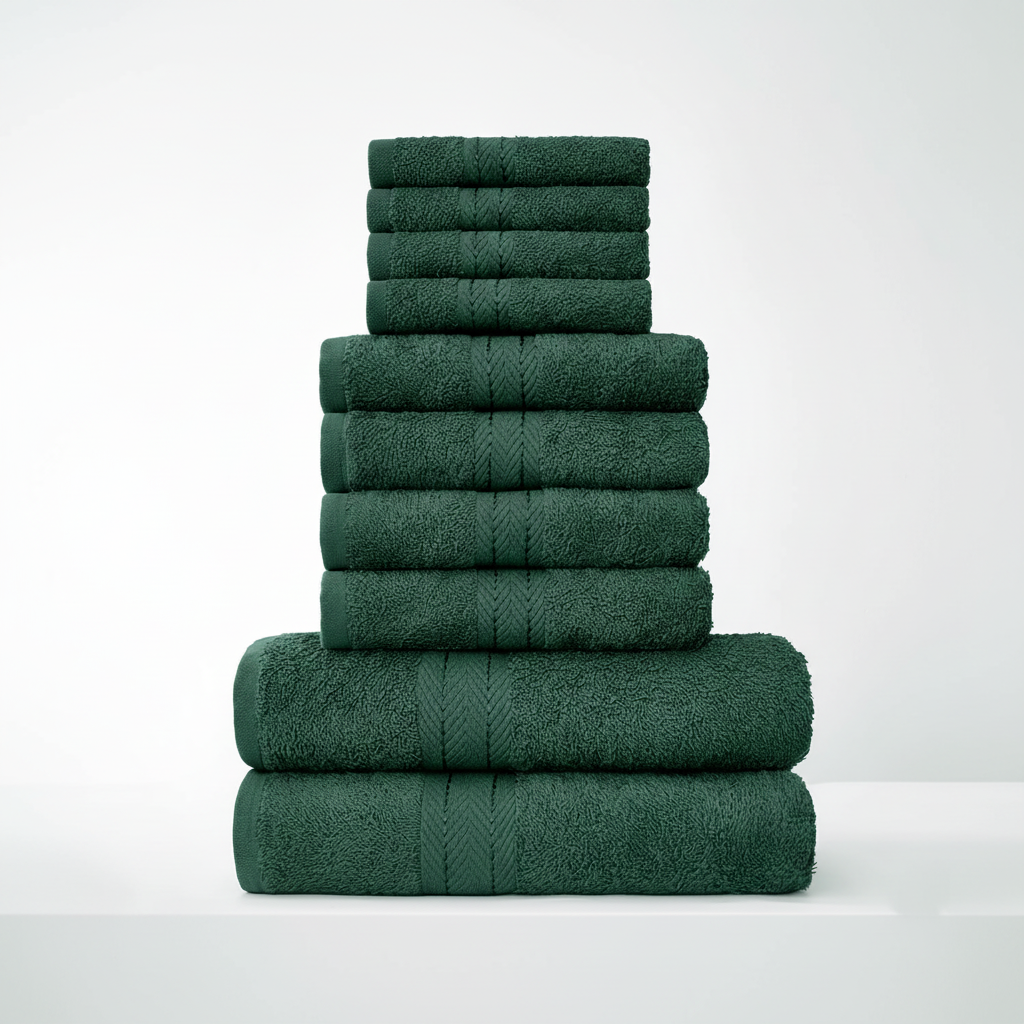 Complete 10-delige handdoekenset in neutrale kleur, voor een frisse en zachte badkamerervaring.