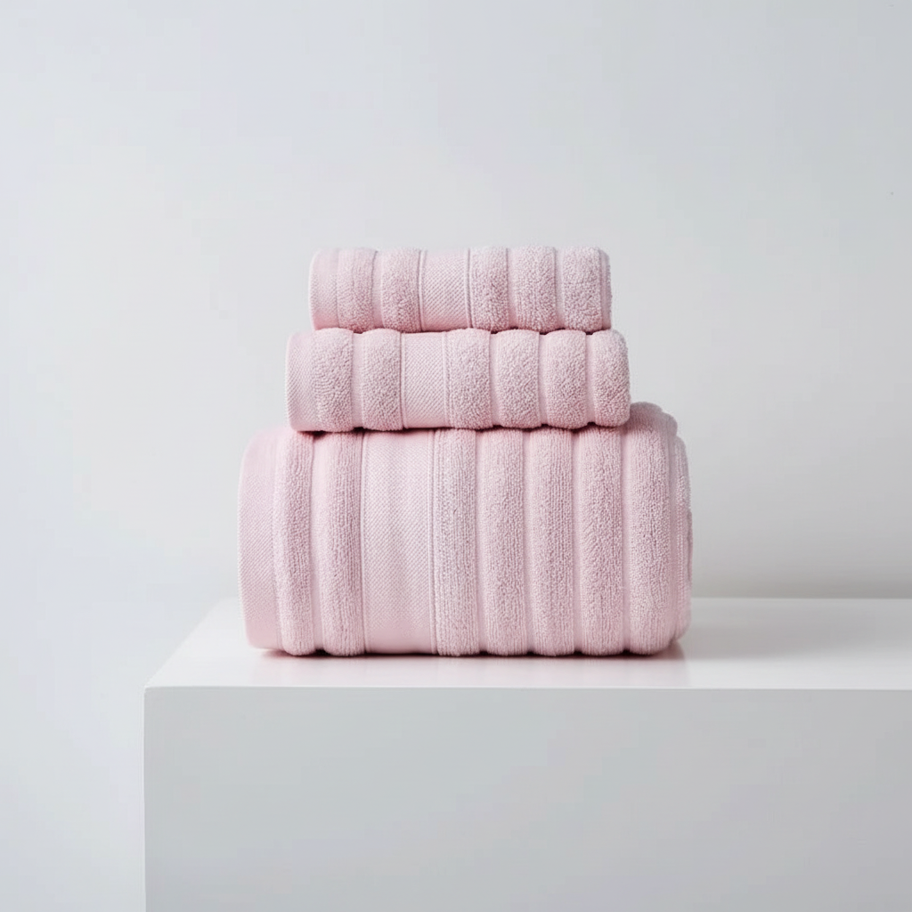 Nette stapel zachte, absorberende katoenen handdoeken in badkamer, CottonDream set voor spa-gevoel thuis.