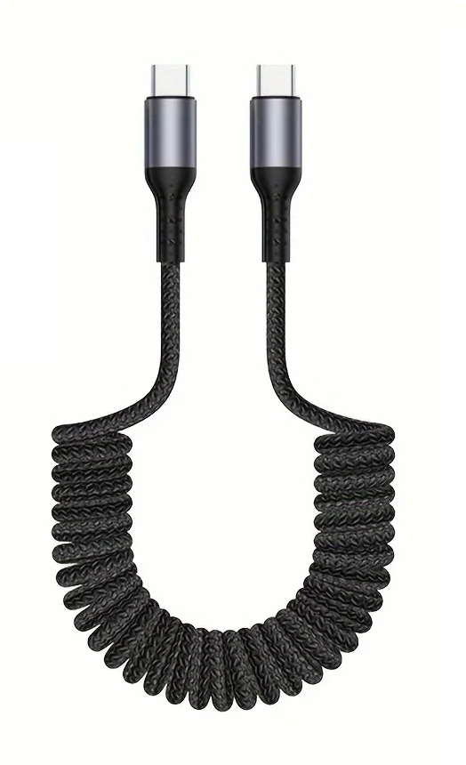 Geen wirwar meer! Flexibele 100W USB-C veerkabel voor geordend snelladen en data.