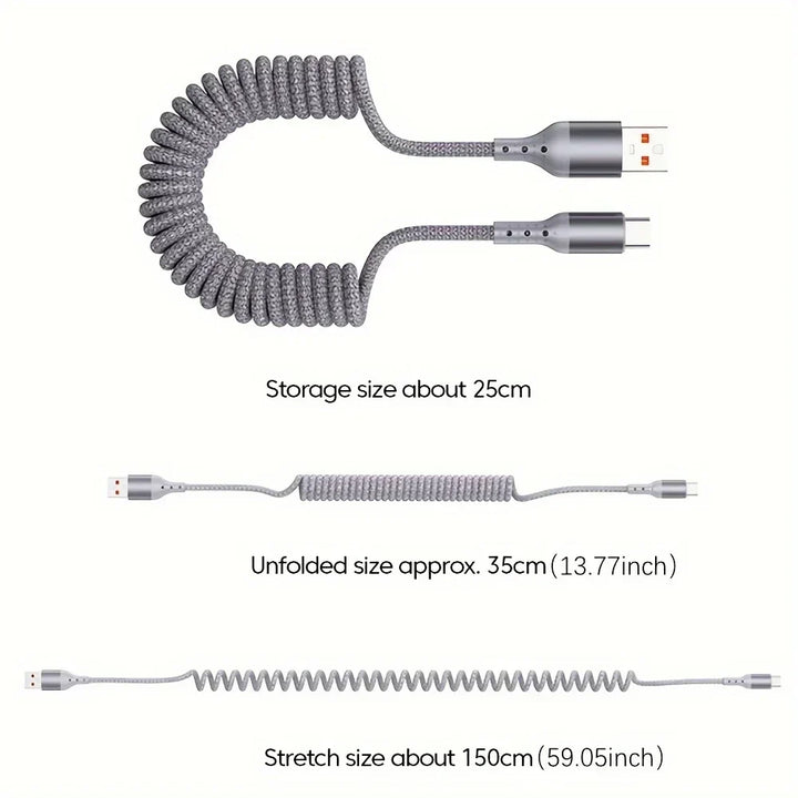 Flexibele USB-C oplaadkabel met veermechanisme, 100W snelladen voor diverse apparaten.
