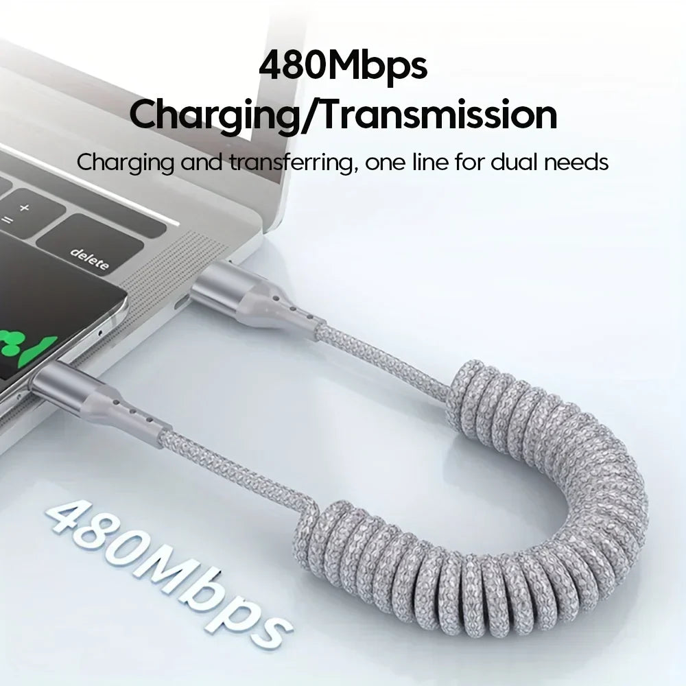 Duurzame 100W USB-C veerkabel. Ideaal voor krachtig snelladen van telefoon en laptop.