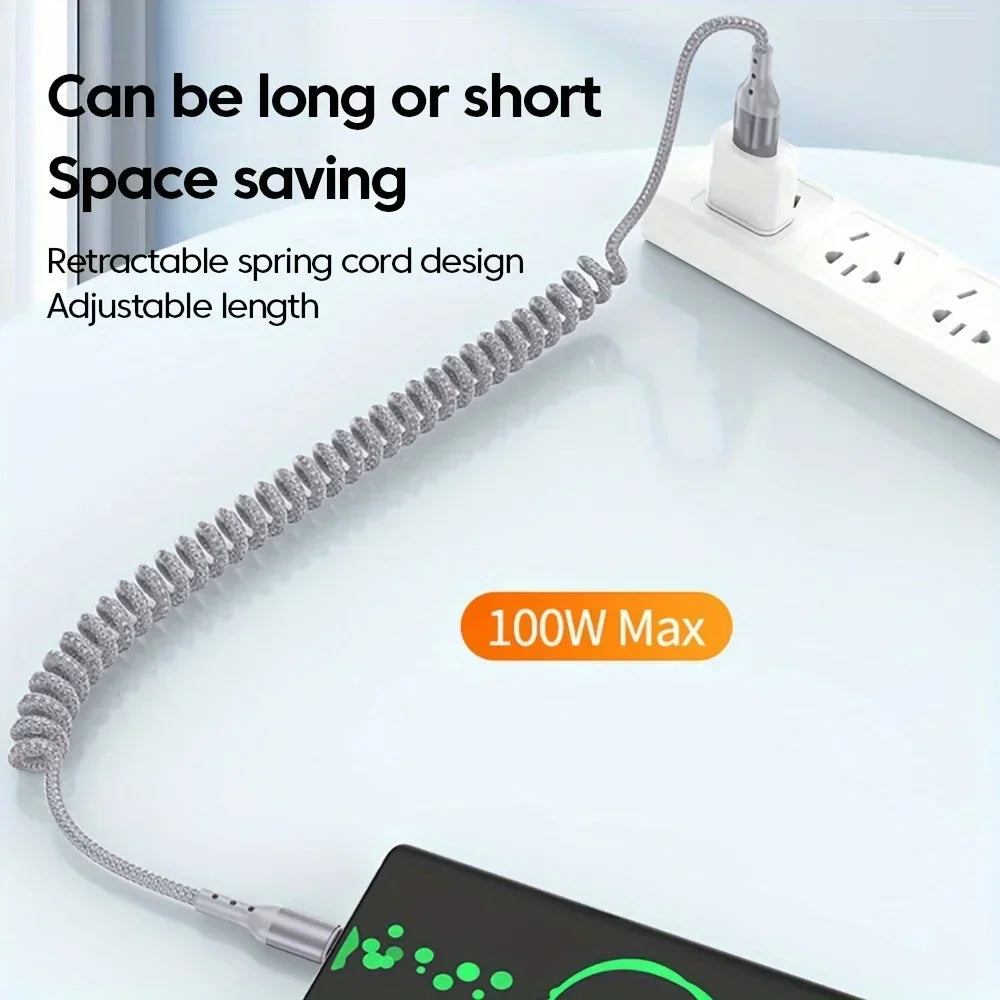 Compacte oprolbare USB-C snellaadkabel 100W. Geen knopen meer, altijd georganiseerd.