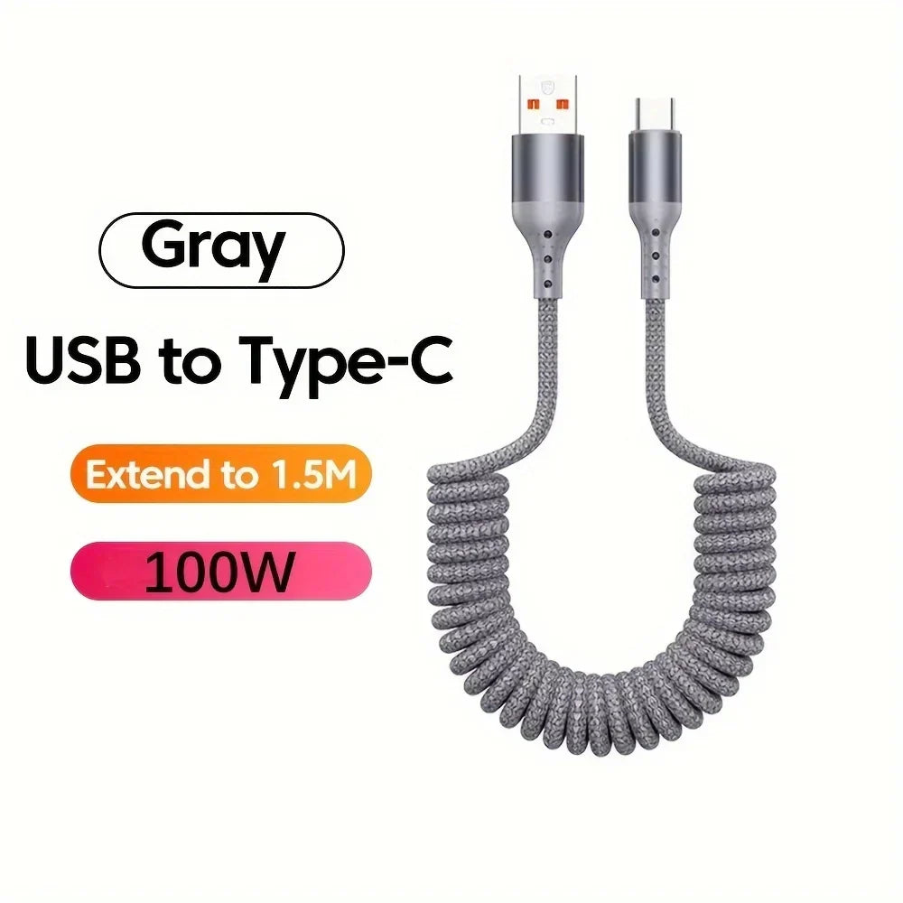 Handige opgerolde USB-C oplaadkabel 100W. Perfect voor snelladen onderweg of thuis.