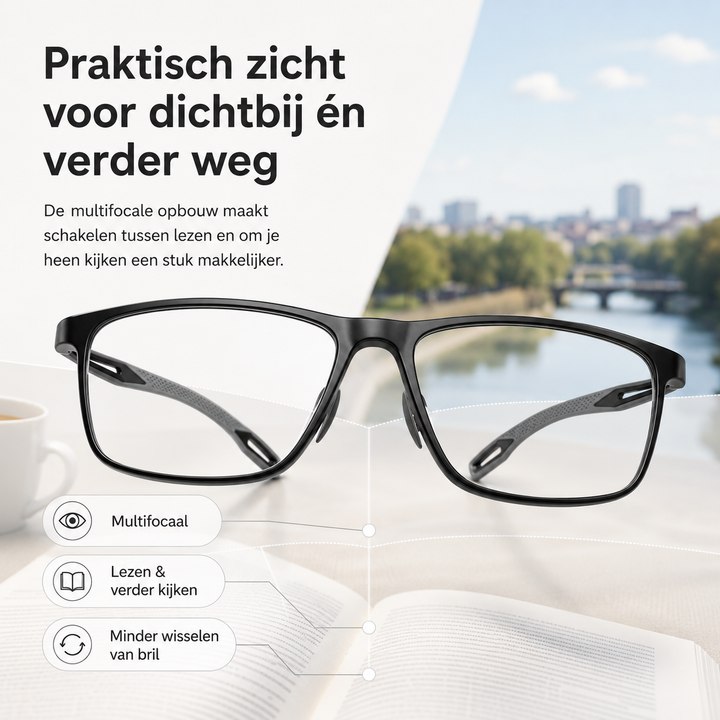 Deze ultralichte multifocale leesbril biedt comfort en scherp zicht, met robuust TR90 voor dames & heren.