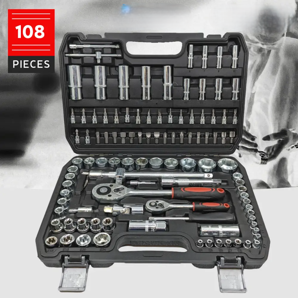 Compacte koffer met 108-delige Chroom-Vanadium dopsleutelset; compleet handgereedschap voor elke klus.