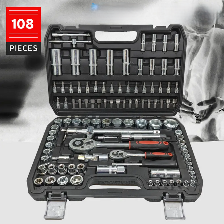 Compacte koffer met 108-delige Chroom-Vanadium dopsleutelset; compleet handgereedschap voor elke klus.