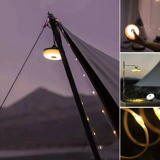 Sfeervol lichtsnoer gedrapeerd over tuintegels voor feestelijke verlichting