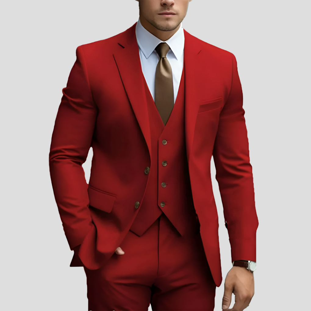 Zakelijk 3-delig herenpak, slim fit. Compleet katoenmix kostuum met jasje, vest en broek.