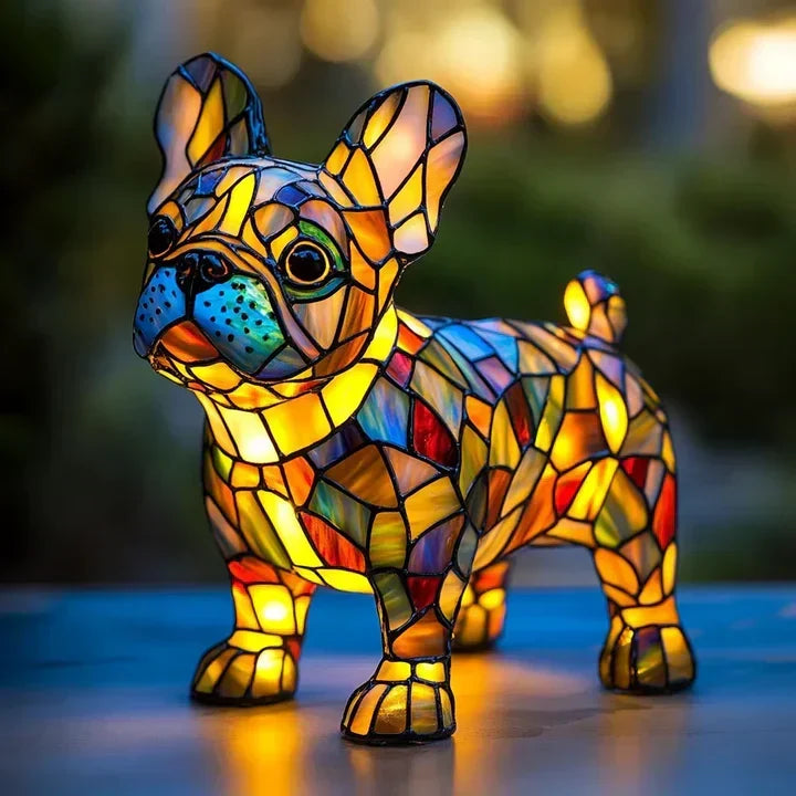 Levendige handgemaakte Lumidog Franse Bulldog lamp met gekleurd glasdesign.