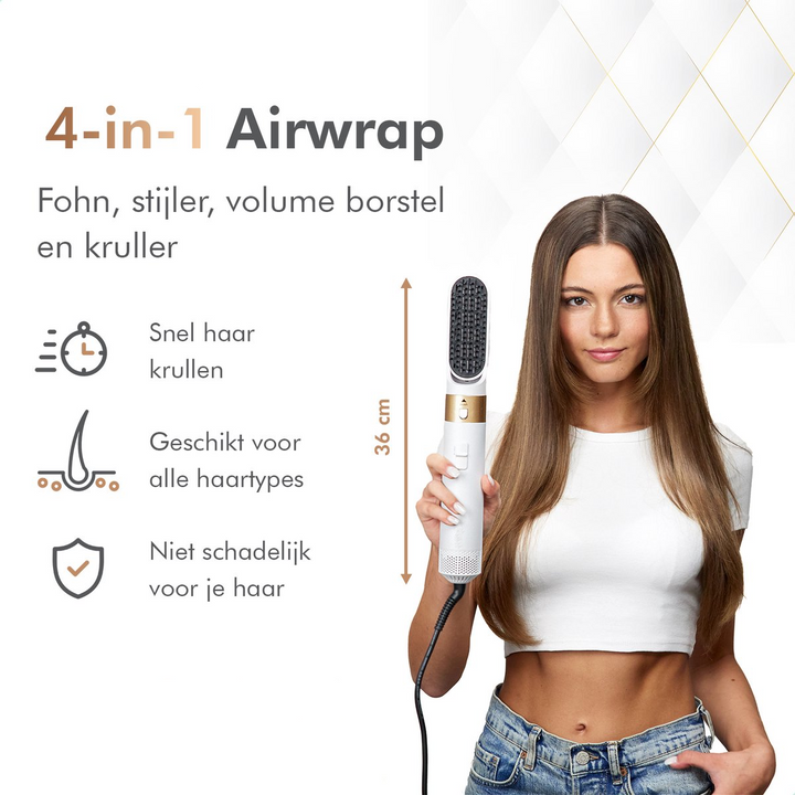 Overzicht van de 4-in-1 airwrap met afmetingen en voordelen