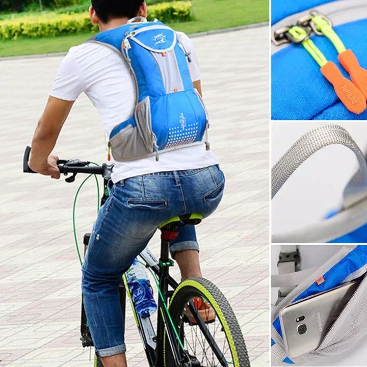 Man fietst met een blauwe outdoor rugzak en detailopnames van ritssluitingen