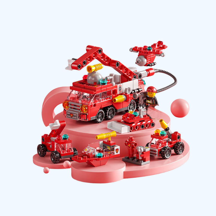 142-delige brandweer bouwset voor kinderen, rood model in plastic, educatief speelgoed met brandweerwagen onderdelen.