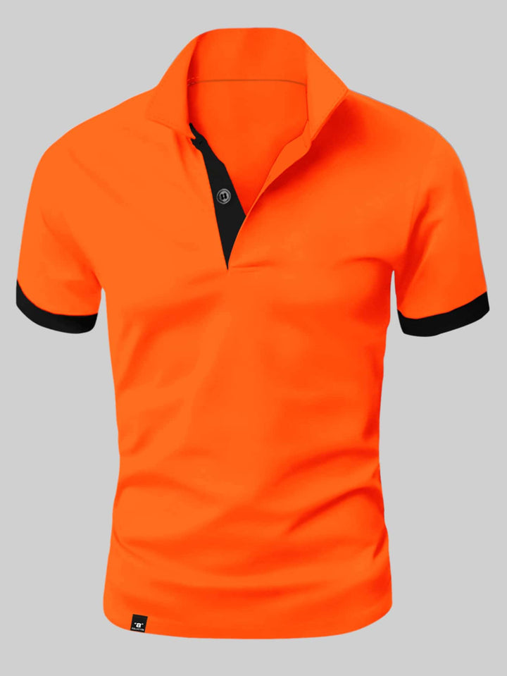 Oranje slim fit heren Henley t-shirt met korte mouwen en knoopsluiting, ideaal voor zomerse casual looks.