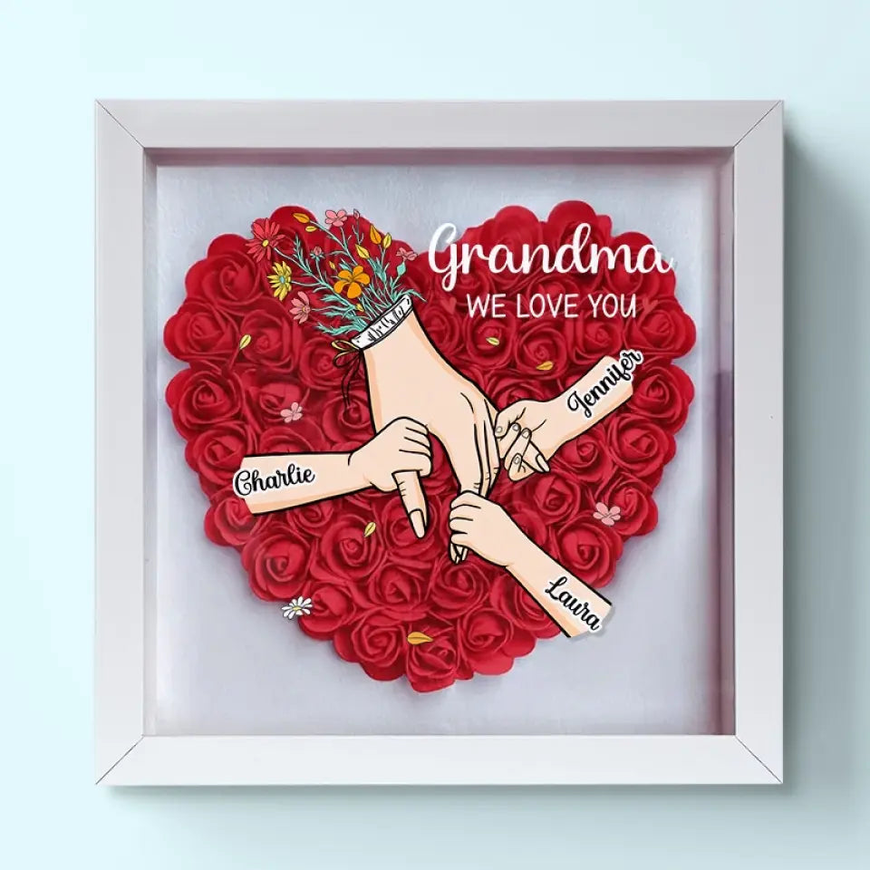 Duurzaam aandenken: gepersonaliseerde bloemen schaduwdoos met namen, ideaal voor Moederdag.