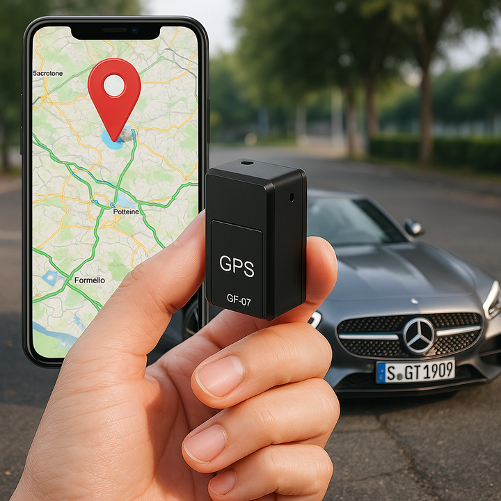 AutoSafe Mini GPS tracker voor een luxe auto, met een smartphone die de tracking-app weergeeft