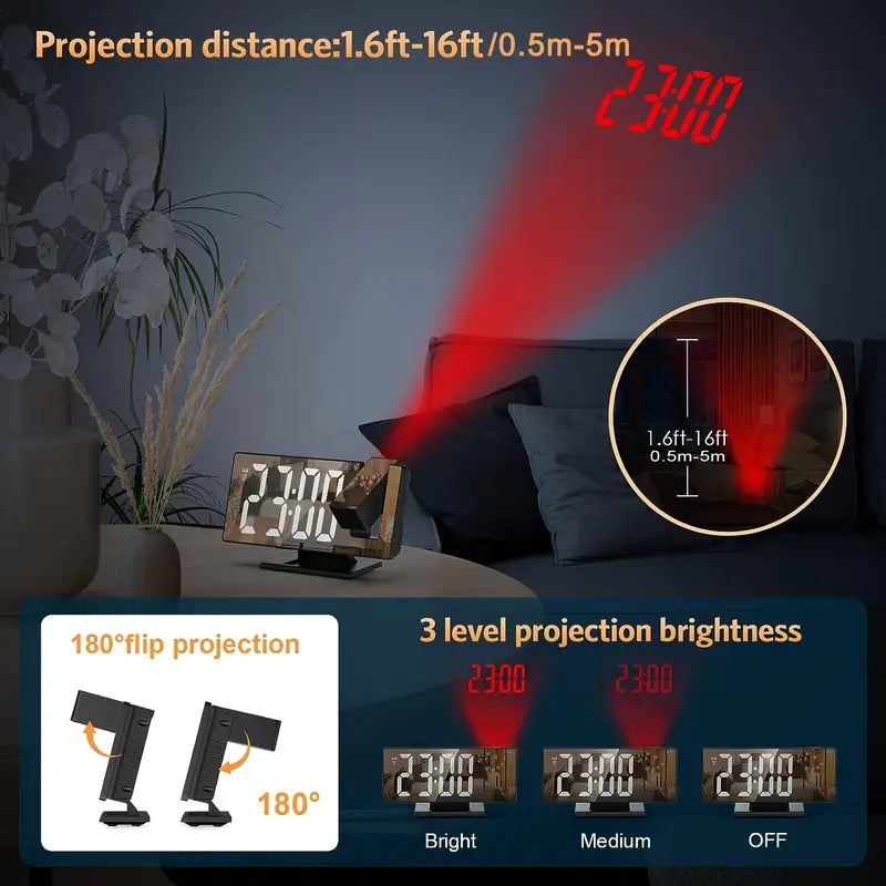 "180° LED projectiewekker met spiegelontwerp, snooze en temperatuurweergave. Compact, modern en ideaal voor slaapkamer."