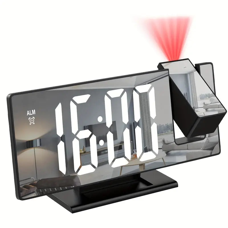 "180° LED projectiewekker met spiegelontwerp, snooze en temperatuurweergave. Compact, modern en ideaal voor slaapkamer."