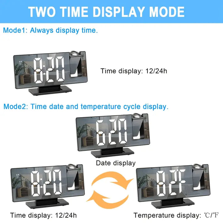 "180° LED projectiewekker met spiegelontwerp, snooze en temperatuurweergave. Compact, modern en ideaal voor slaapkamer."