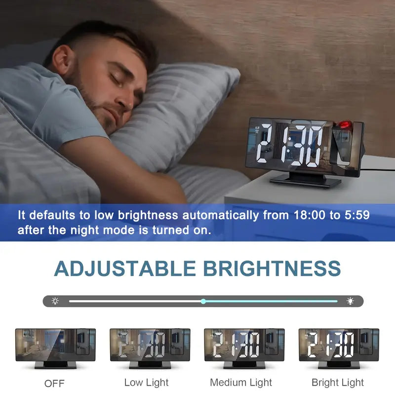 "180° LED projectiewekker met spiegelontwerp, snooze en temperatuurweergave. Compact, modern en ideaal voor slaapkamer."