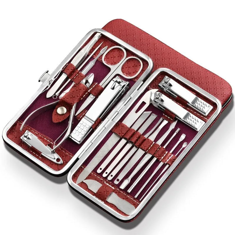 "19-in-1 roestvrijstalen manicure set met draagbare case, inclusief ergonomisch gereedschap voor hand- en voetverzorging."