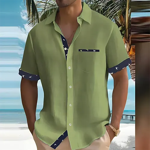 Heren zomerhemd in groene kleur met korte mouwen