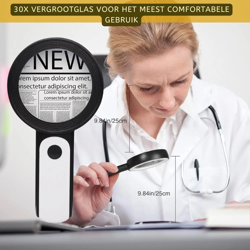Optisch 30x vergrootglas met groothoeklens en ingebouwde LED verlichting voor precisie en helder zicht.