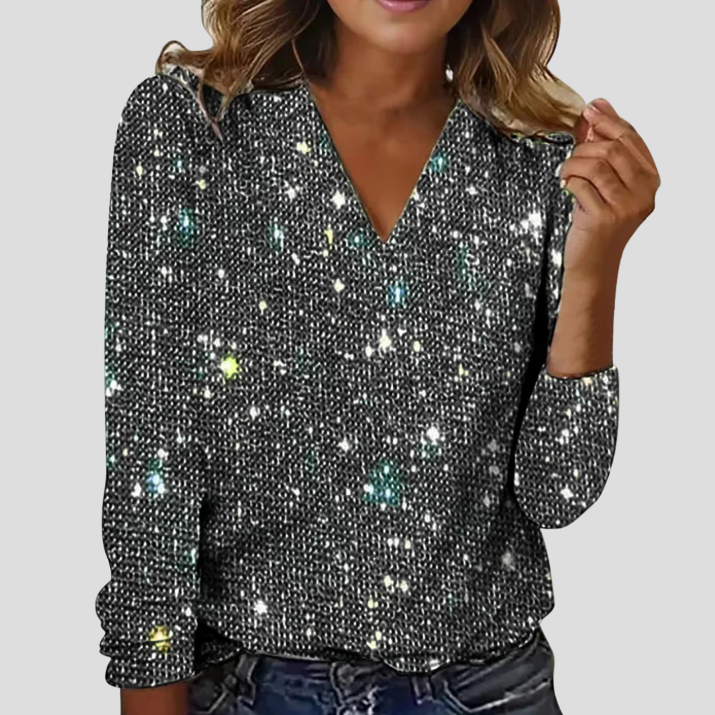 Dames elegante glitterblouse met V-hals in grijs, perfect voor feestjes.
