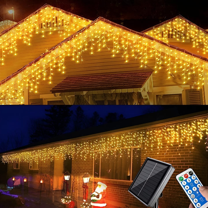 Gezellige warm witte GlowCurtain LED verlichting voor dakranden en tuindecoratie