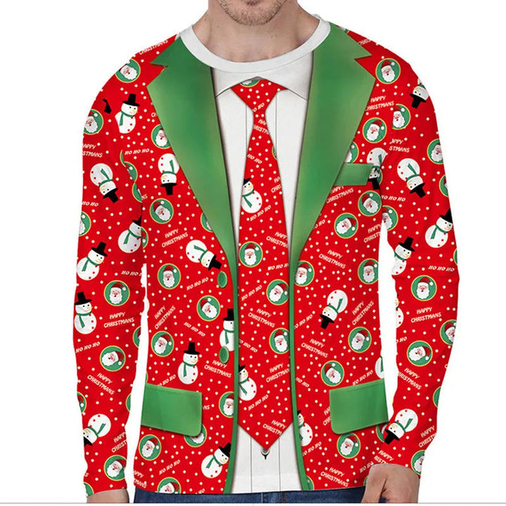 Man draagt een foute kersttrui met een vrolijke kerstman en sneeuwpop print