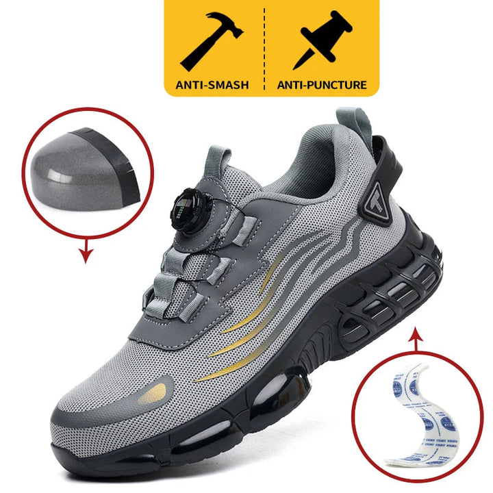 Stijlvolle zwarte werkschoenen voor heren, lichtgewicht en ademend, met draaiknop en stalen neus.
