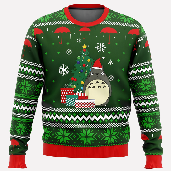 Groene unisex kersttrui met schattig personage en rode accenten