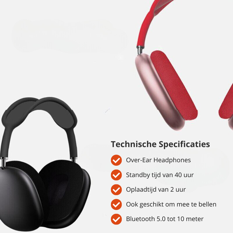 Zwarte en rode HarmoniX koptelefoons, met technische specificaties zoals 40 uur standby en belfunctie