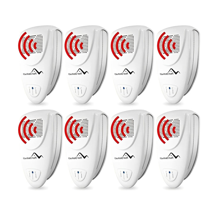 Ultrasone bedwants afschrikker set van 8, compact wit ontwerp met rood signaal.