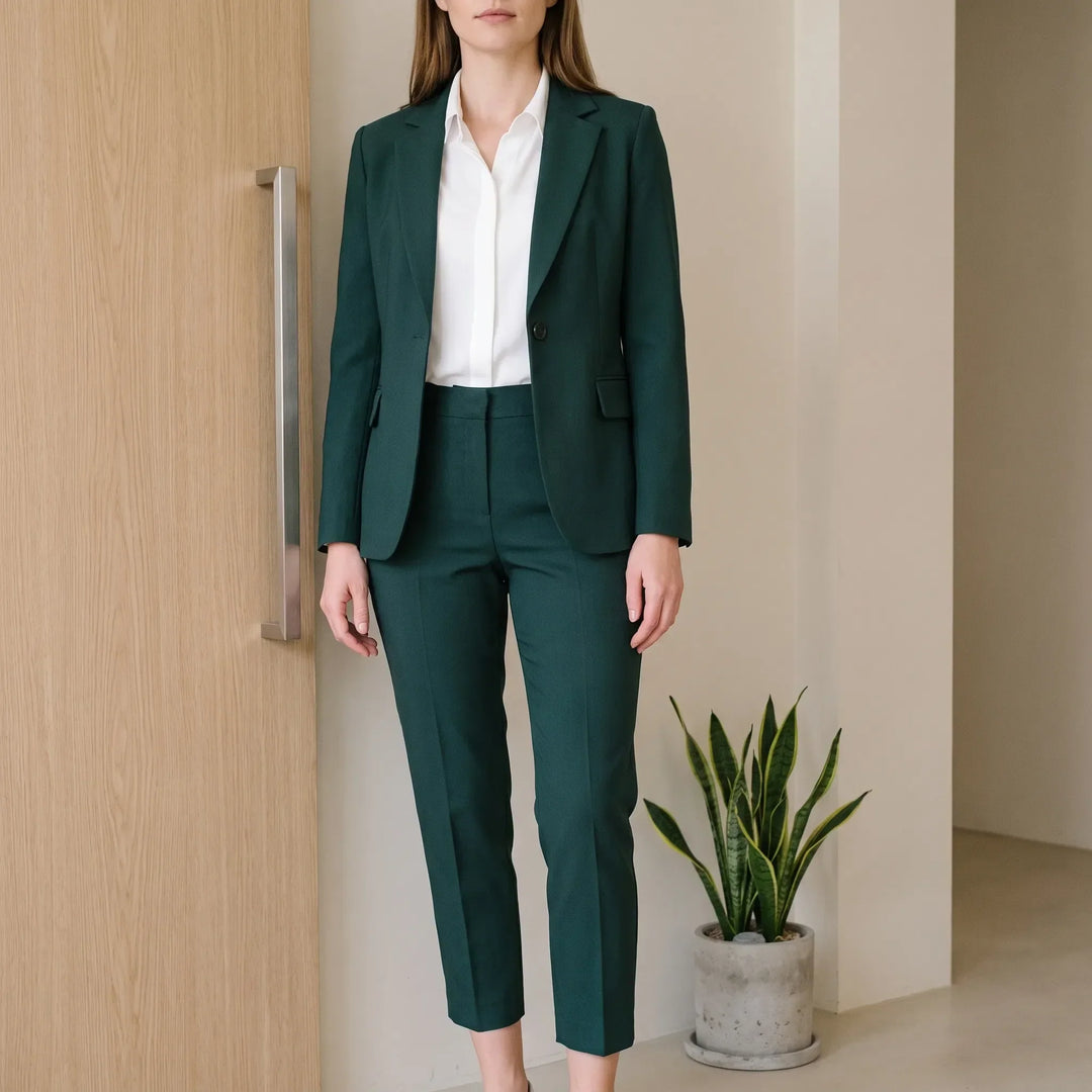 Elegant groen damesbroekpak, 2-delig met chique blazer en pantalon, ideaal voor een professionele zakelijke look.