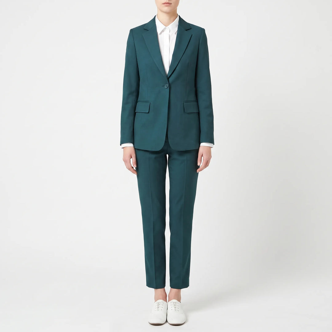Groen damesbroekpak, 2-delig, met goed passende pantalon en blazer, voor een comfortabele en professionele uitstraling.