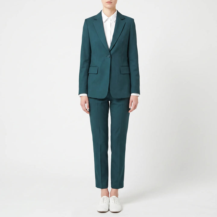 Groen damesbroekpak, 2-delig, met goed passende pantalon en blazer, voor een comfortabele en professionele uitstraling.