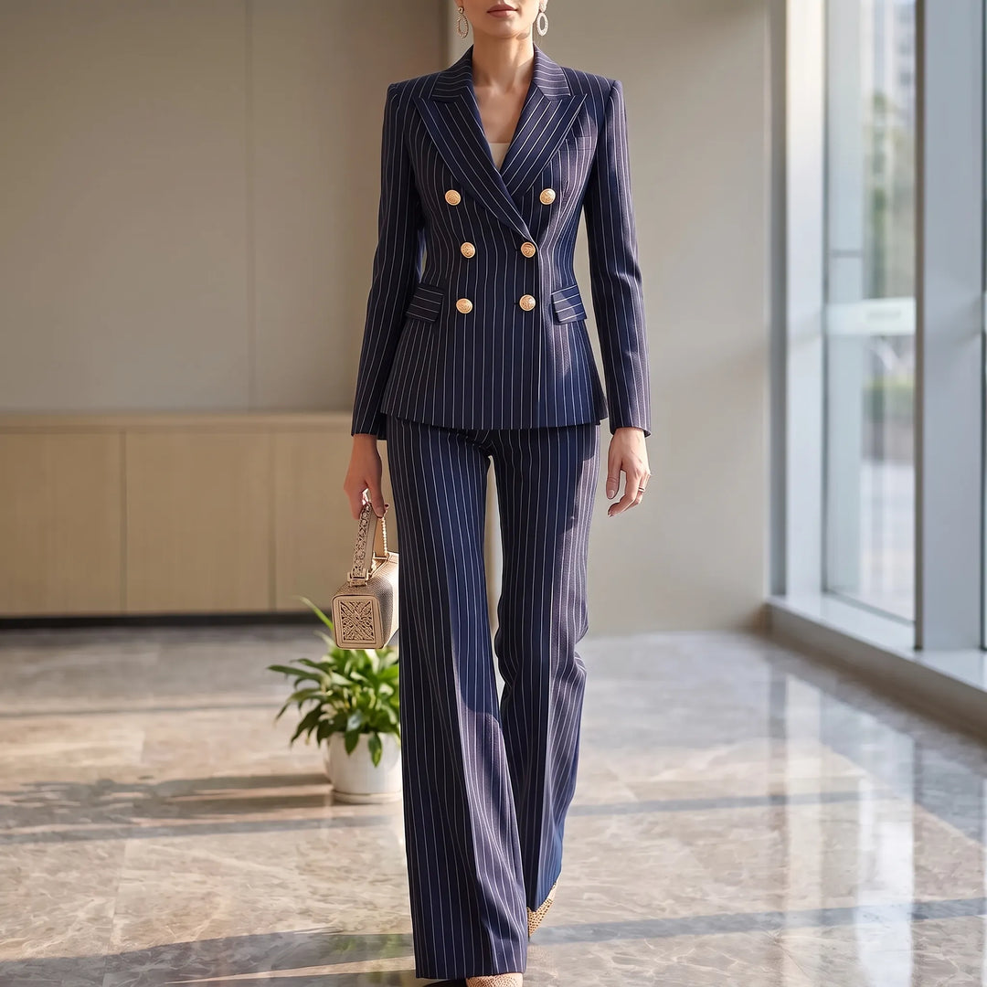 Dames 2-delig broekpak met gestreepte blazer en broek met wijde pijpen, elegant en comfortabel.