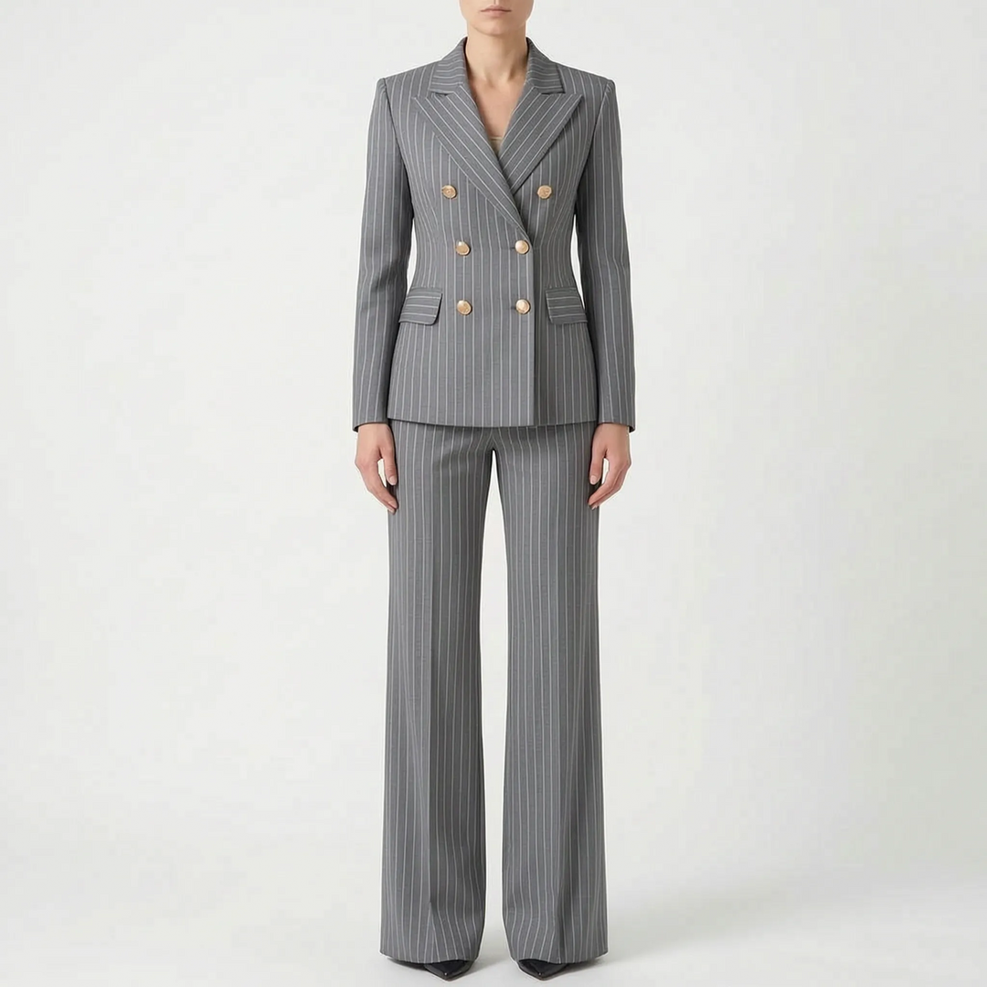Chique dames broekpak, 2-delig, met verticale strepen op blazer en broek, modieus.
