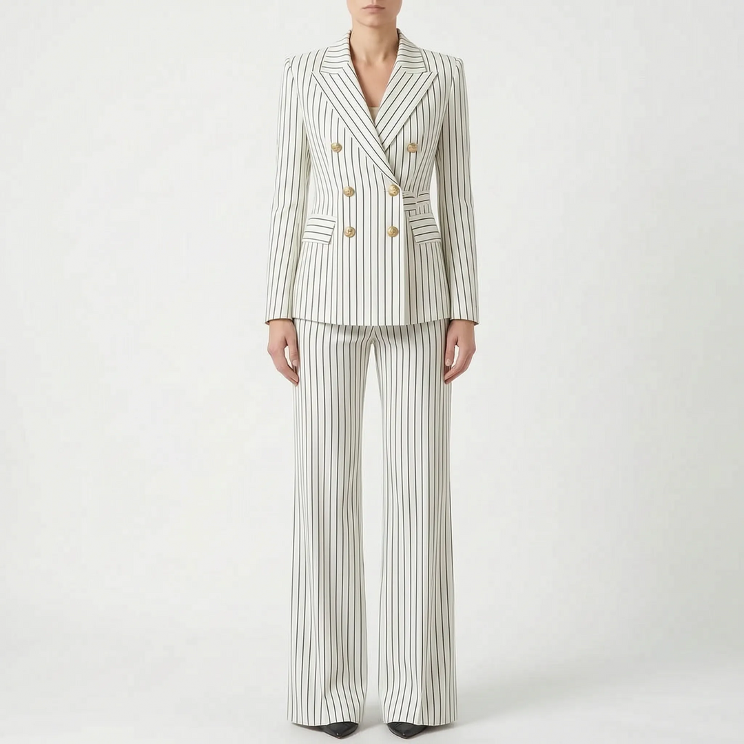 Zakelijk elegant dames broekpak, 2-delig, met gestreepte blazer en wijde pijpen broek.